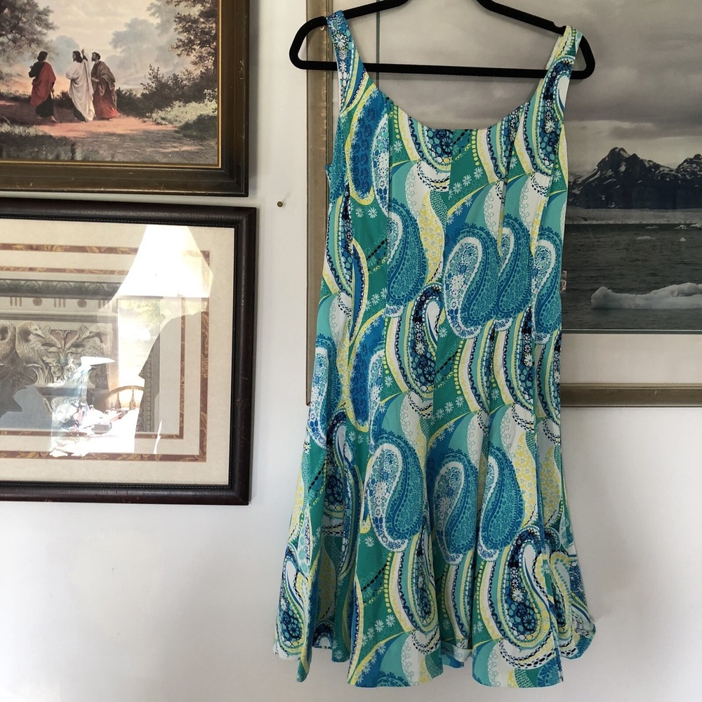 Cappagallo Blue Yellow Swirl Paisley Print Sleeveless Dress Sz XS/ S A3348